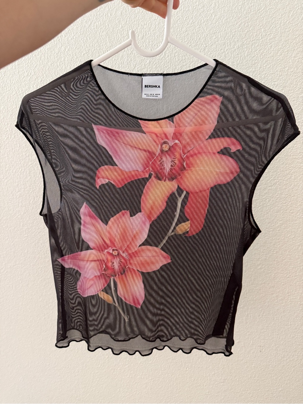 Bershka Black Mesh Crop Top with Pink-Orange Floral Print